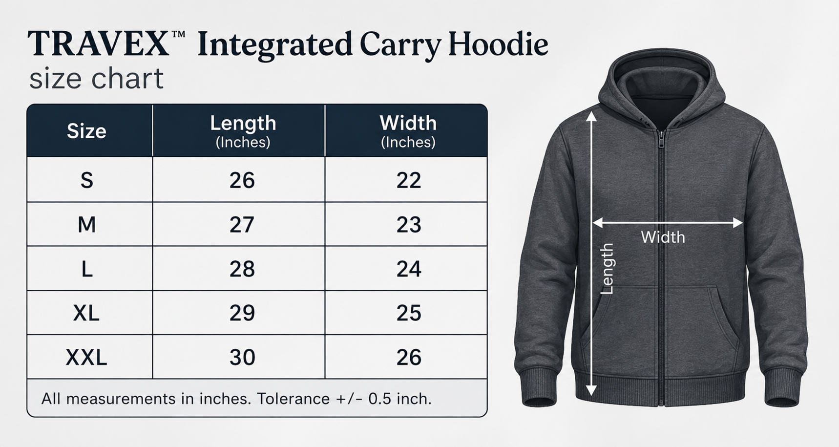 TRAVEX Integrated Carry Hoodie Size Chart